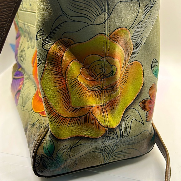 Anuschka Anna Beautiful Gray Flowers & Butterflies Shoulder Purse Bag w/ Wallet - Picture 6 of 14